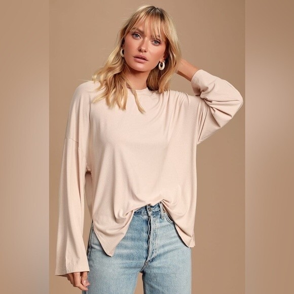 Lulus Sz S Mercurio Beige Ribbed Long Sleeve Top - Picture 9 of 11